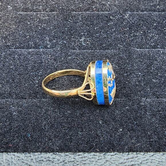 Estate 14k YG Lapis Lazuli Cabochon Pear Cut Inlaid Tiger Bamboo Ring - Picture 3 of 10